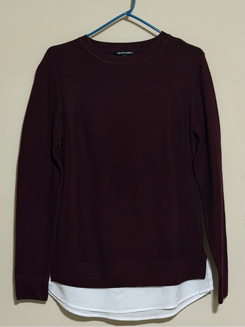 Hilary Radley Plum Crewneck Sweater with White Faux-Layer Hem